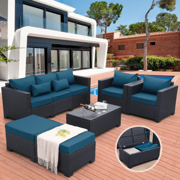 Rattaner Patio Furniture Set 6 Pieces Couch Outdoor Chairs Coffee Table Peacock Blue Anti-Slip Cushions and Waterproof Covers - Image 5