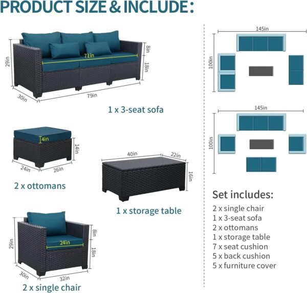 Rattaner Patio Furniture Set 6 Pieces Couch Outdoor Chairs Coffee Table Peacock Blue Anti-Slip Cushions and Waterproof Covers - Image 5