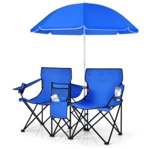 Double Portable Picnic Chair, Folding Camping Chair with Removable Sunshade, Cooler Bag, and Cup Holder