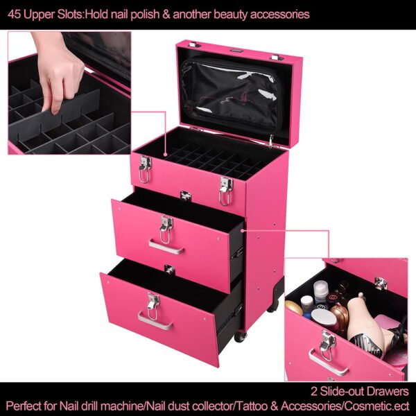 Byootique Pink Rolling Makeup Case with Drawers Nail Artist - Image 6
