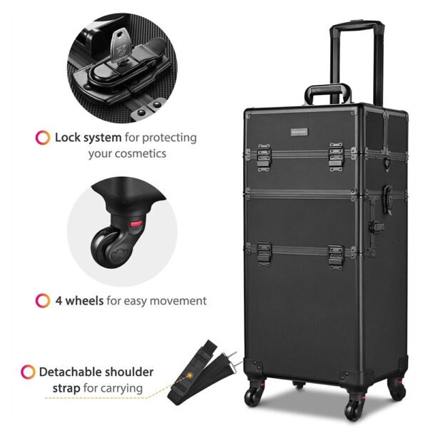 Byootique 2in1 Rolling Makeup Artist Case Lockable 4-Wheel Black - Image 6