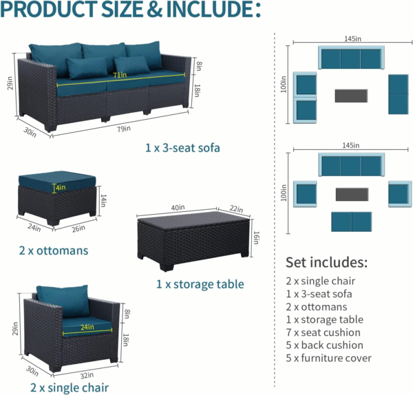 Rattaner Patio Furniture Set 6 Pieces Couch Outdoor Chairs Coffee Table Peacock Blue Anti-Slip Cushions and Waterproof Covers - Image 11