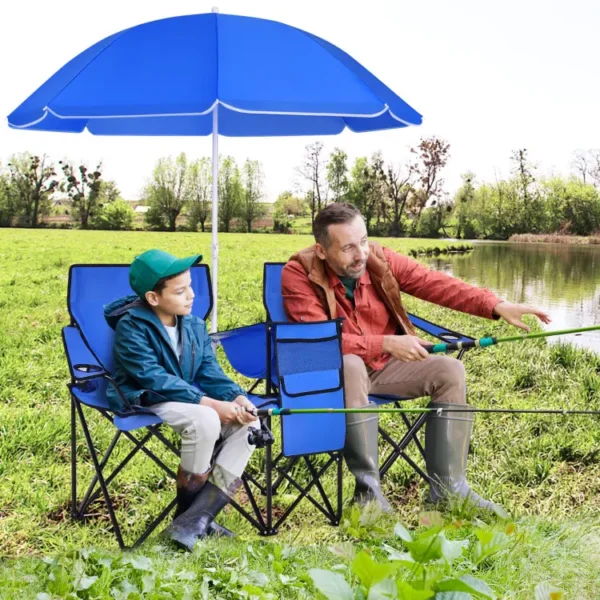Double Portable Picnic Chair, Folding Camping Chair with Removable Sunshade, Cooler Bag, and Cup Holder - Image 2