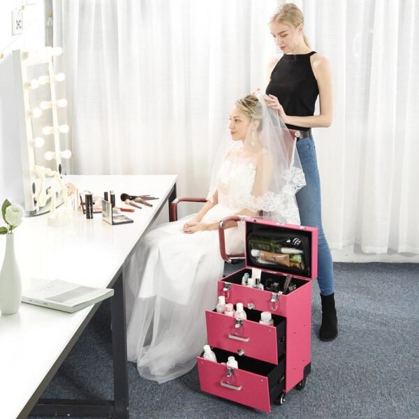 Byootique Pink Rolling Makeup Case with Drawers Nail Artist - Image 4