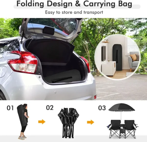 Double Portable Picnic Chair, Folding Camping Chair with Removable Sunshade, Cooler Bag, and Cup Holder - Image 4