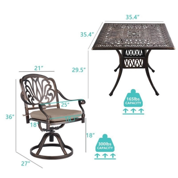 5 Piece Outdoor Dining Patio Set All-Weather Cast Square 4 - Person 35.4" Dining Set - Image 3