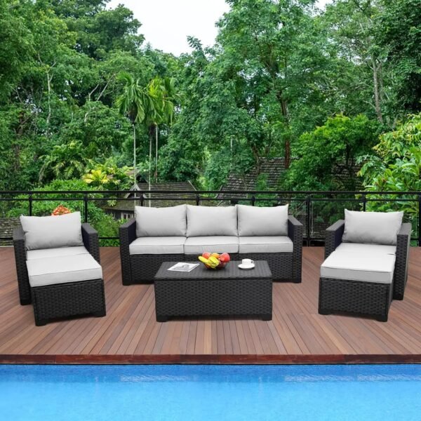 Rattaner Patio Furniture Set 6 Pieces Couch Outdoor Chairs Coffee Table Peacock Blue Anti-Slip Cushions and Waterproof Covers - Image 2