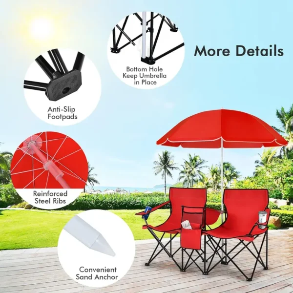 Double Portable Picnic Chair, Folding Camping Chair with Removable Sunshade, Cooler Bag, and Cup Holder - Image 5