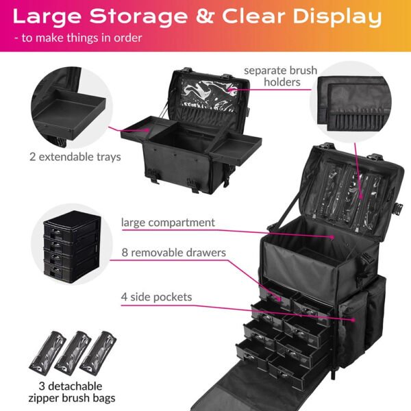Byootique 2 in 1 Rolling Makeup Suitcase with Drawers Nylon - Image 10