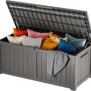 EAST OAK Outdoor Storage Box, 120 Gallon Deck Box with Stainless Steel Rods Large Resin Storage Bin for Patio Cushions, Garden Tools, Waterproof and UV Resistant, Lockable, Grey