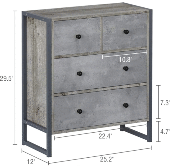 DiDuGo Wood 4 Drawer Dresser Grey Dresser with Metal Frame, Drawer Chest for Bedroom Chest of Drawers (25.2”L x 11.8”W x 29.5”H) - Image 3
