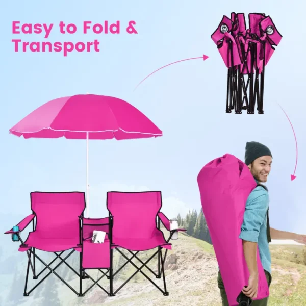 Double Portable Picnic Chair, Folding Camping Chair with Removable Sunshade, Cooler Bag, and Cup Holder - Image 7
