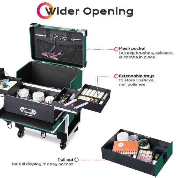 Byootique Emerald Green Makeup Case on Wheels w/ Drawer - Image 4