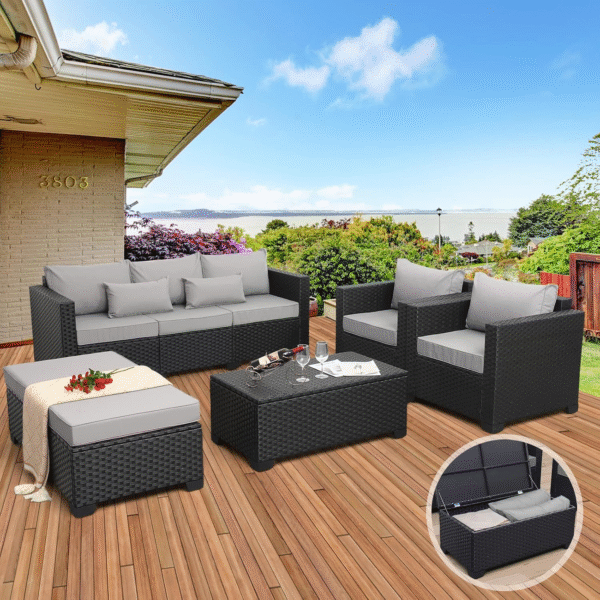 Rattaner Patio Furniture Set 6 Pieces Couch Outdoor Chairs Coffee Table Peacock Blue Anti-Slip Cushions and Waterproof Covers - Image 2