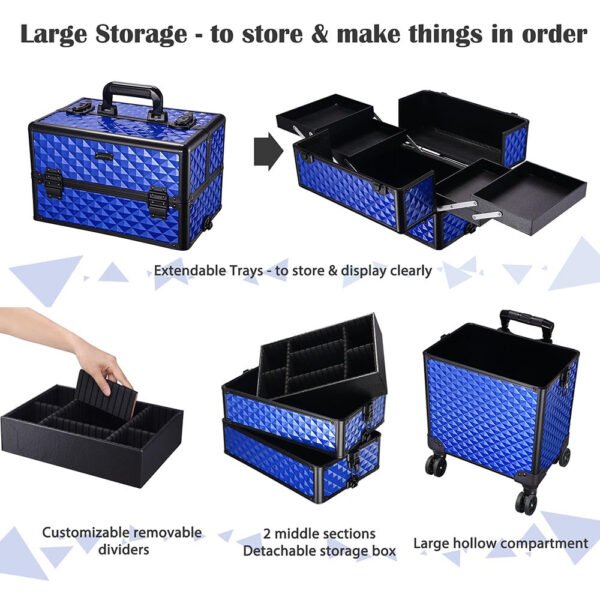 Byootique 4 in 1 Rolling Makeup Case 4-Wheel Blue - Image 4