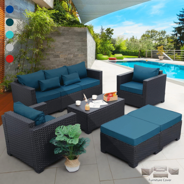 Rattaner Patio Furniture Set 6 Pieces Couch Outdoor Chairs Coffee Table Peacock Blue Anti-Slip Cushions and Waterproof Covers - Image 3