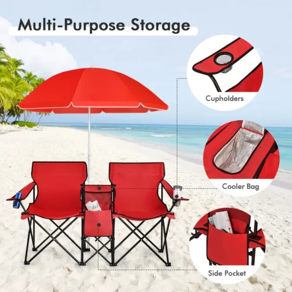 Double Portable Picnic Chair, Folding Camping Chair with Removable Sunshade, Cooler Bag, and Cup Holder - Image 9