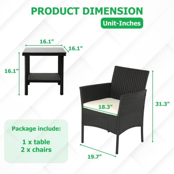 FDW Wicker Outdoor Furniture Patio Furniture Set of 3 Rattan Patio Chairs Outdoor Chairs Patio Conversation Set with Coffee Table for Yard Backyard Lawn Porch Poolside Balcony,Black - Image 8
