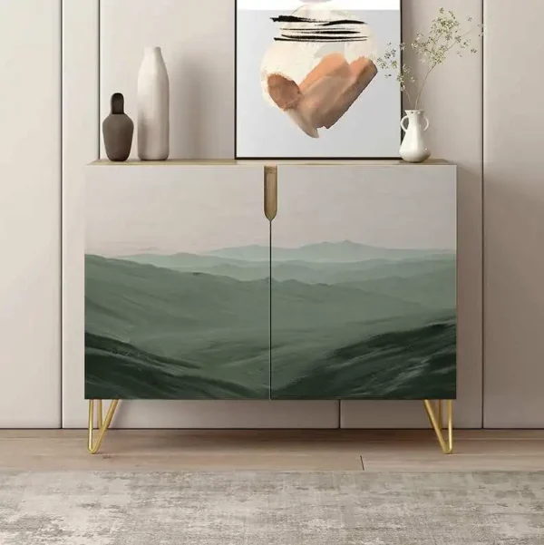 SIGNWIN Sideboard Buffet Cabinet, Kitchen Storage Cabinet with 2 Doors, Abstract Mount Landscape Pattern, Cupboard Console Table for Dining