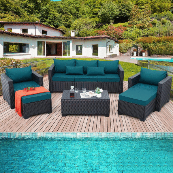 Rattaner Patio Furniture Set 6 Pieces Couch Outdoor Chairs Coffee Table Peacock Blue Anti-Slip Cushions and Waterproof Covers - Image 6
