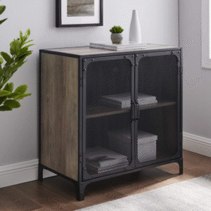 Walker Edison Malcomb industrial metal mesh storage cabinet with 2 doors, 76.2 cm, grey wash