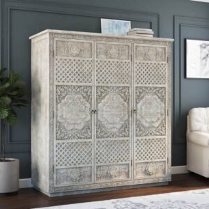 Nuala Hand Carved Solid Wood 63” Large White Wardrobe Armoire