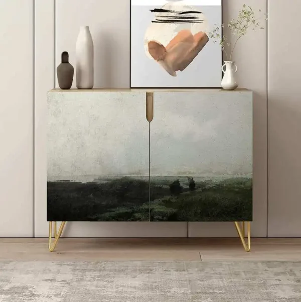 SIGNWIN Sideboard Buffet Cabinet, Kitchen Storage Cabinet with 2 Doors, Abstract Mount Landscape Pattern, Cupboard Console Table for Dining - Image 3