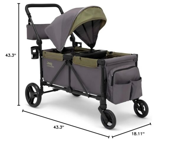 Jeep Sport All-Terrain Stroller Wagon by Delta Children - Includes Canopy, Parent Organizer, Adjustable Handlebar, Snack Tray & Cup Holders, Grey/Olive Green - Image 2