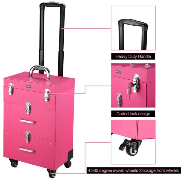 Byootique Pink Rolling Makeup Case with Drawers Nail Artist - Image 5