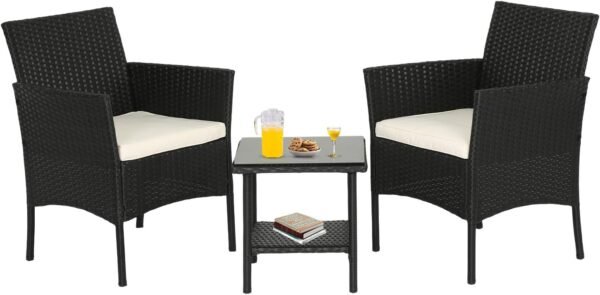 FDW Wicker Outdoor Furniture Patio Furniture Set of 3 Rattan Patio Chairs Outdoor Chairs Patio Conversation Set with Coffee Table for Yard Backyard Lawn Porch Poolside Balcony,Black